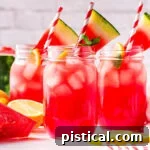 Three large glass canning jars filled with vibrant watermelon lemonade, each adorned with a fresh watermelon wedge, ready for serving.