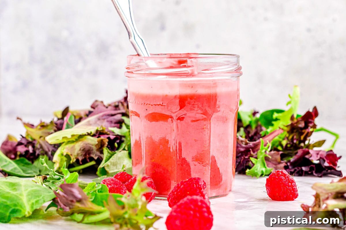 A mason jar of raspberry vinaigrette sits on a white surface, surrounded by fresh salad greens and loose raspberries, highlighting the natural ingredients.