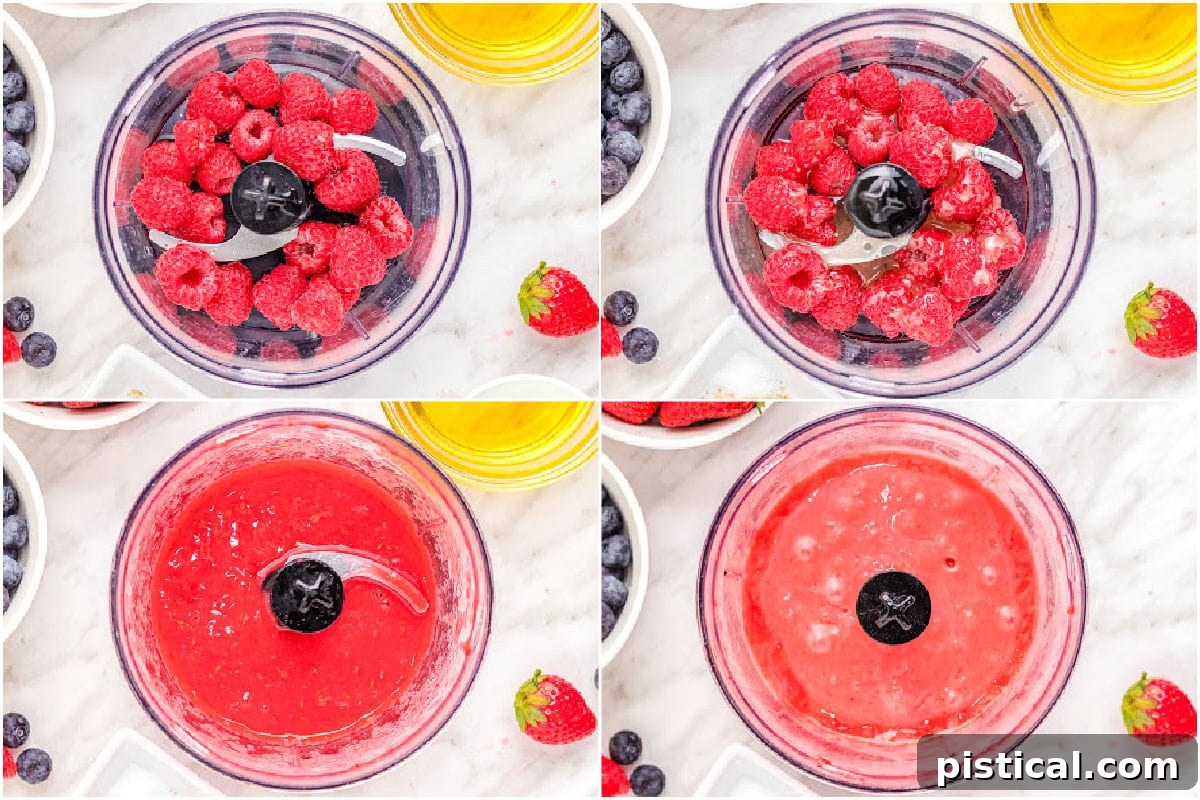 A four-image collage demonstrating the process of making raspberry vinaigrette in a food processor, from combining ingredients to the final emulsified dressing.