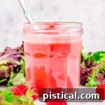 Raspberry vinaigrette in a glass jar in front of salad greens.