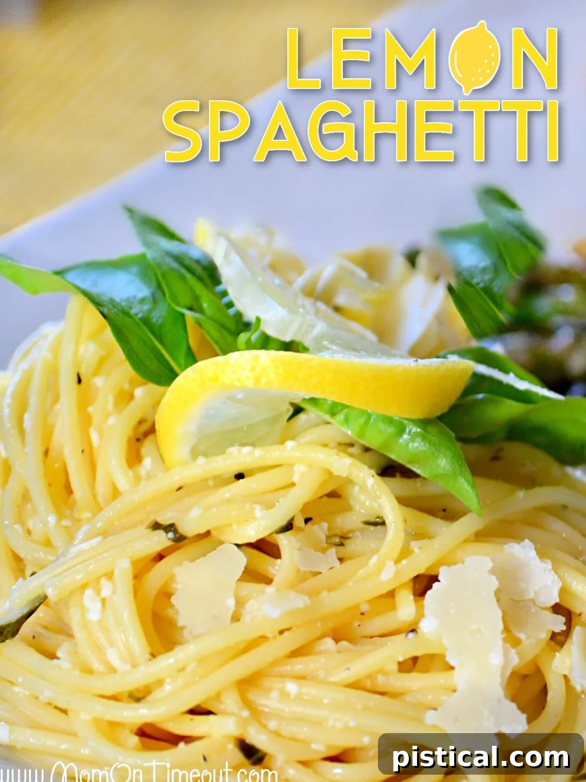 Zesty Lemon Pasta 2 plate of lemon spaghetti with text overlay garnished with parmesan lemon and basil
