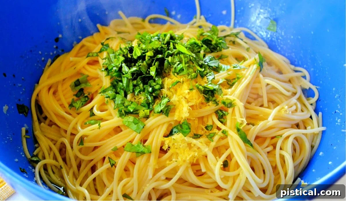 Zesty Lemon Pasta 6 lemon spaghetti ingredients in big blue bowl
