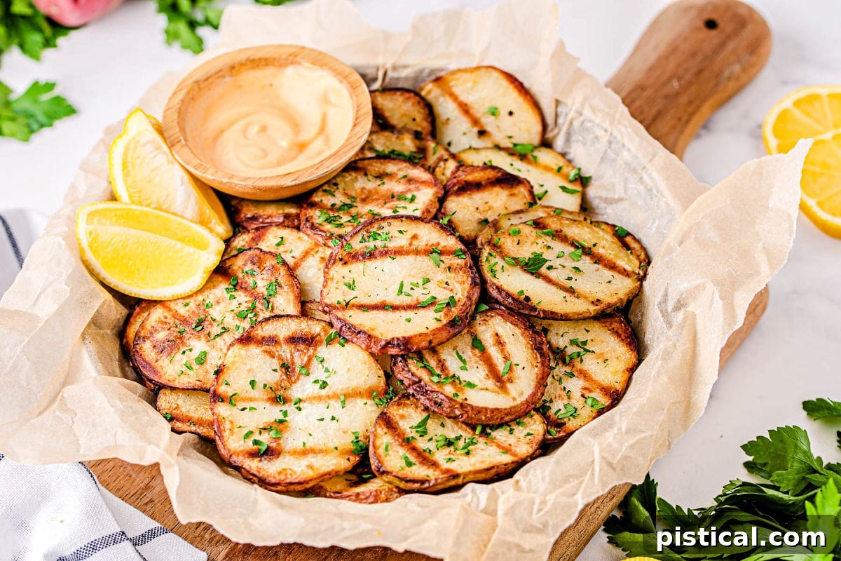 grilled potatoes on wood serving dish with brown parchment underneath them.
