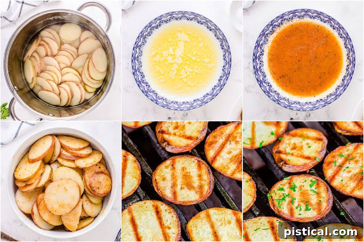 six image collage showing how to cook potatoes on the grill.