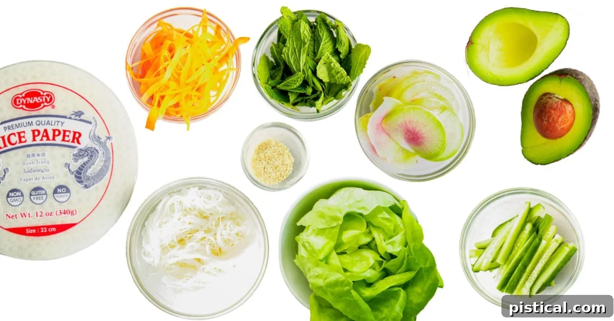 spring rolls ingredients measured out into small bowls and ready to use.