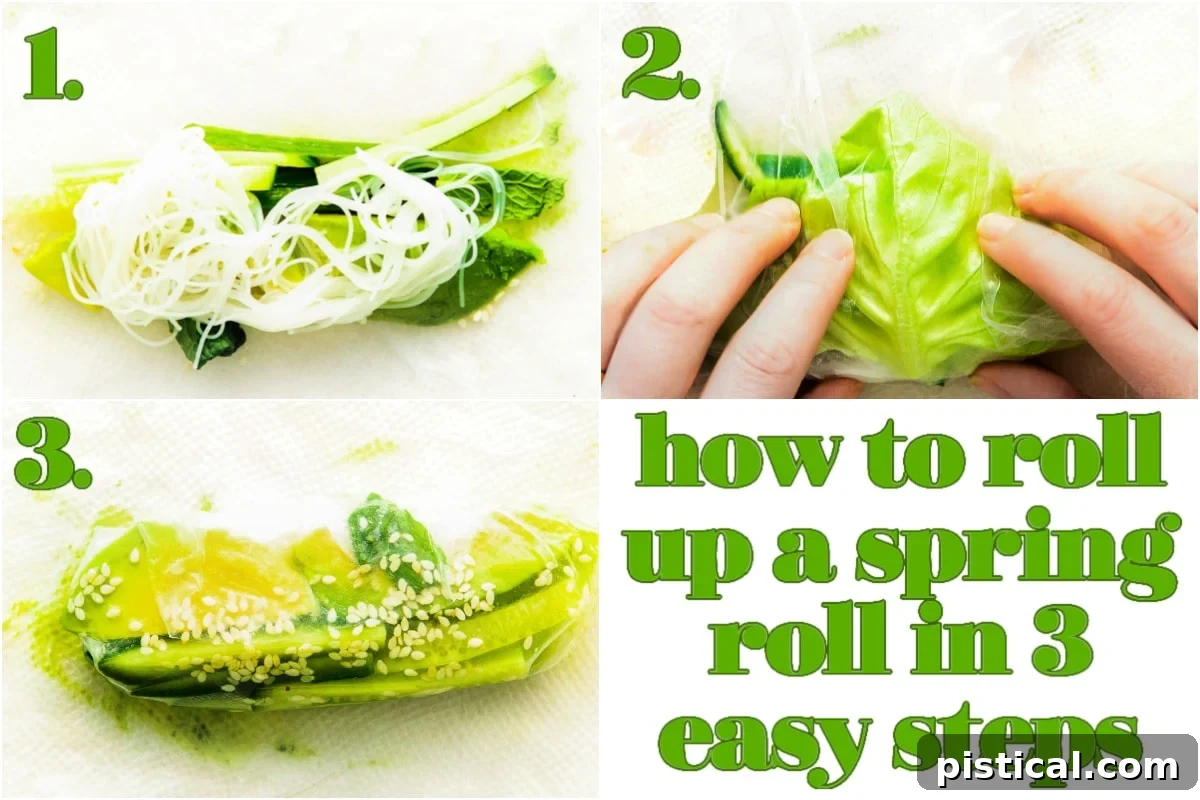 three image collage showing how to roll a spring roll.