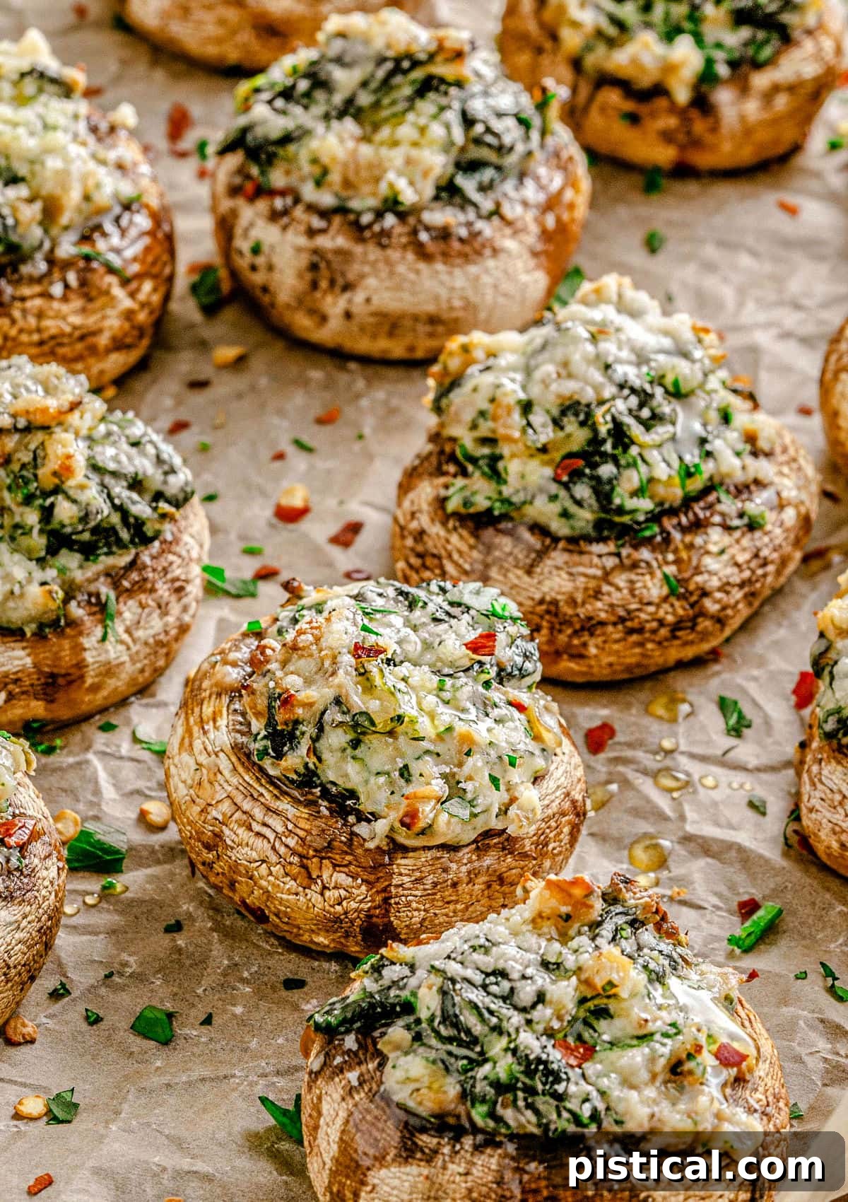 Silky Stuffed Mushrooms with Herbs and Garlic 2 stuffed mushrooms made with spinach and cream cheese on brown parchment paper ready to enjoy.