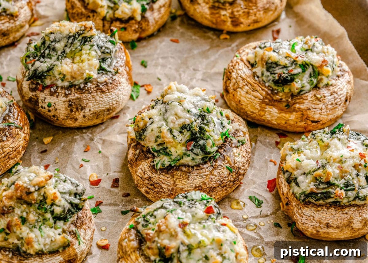 Silky Stuffed Mushrooms with Herbs and Garlic 4 wide view of about 7 mushrooms stuffed with a creamy spinach filling and sprinkled with red pepper flakes and Parmesan cheese, ready to be enjoyed.
