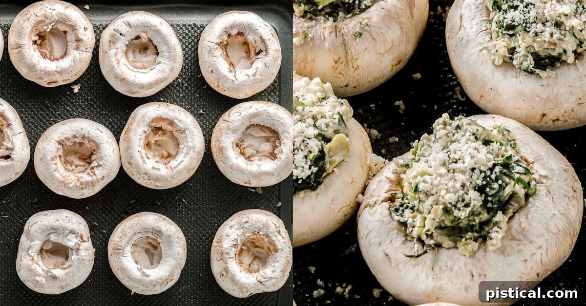 Silky Stuffed Mushrooms with Herbs and Garlic 5 two image collage of mushrooms ready to be stuffed and then stuffed ready to go into the oven.