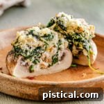 a stuffed mushroom split in half on a brown plate so you can see the creamy spinach filling.