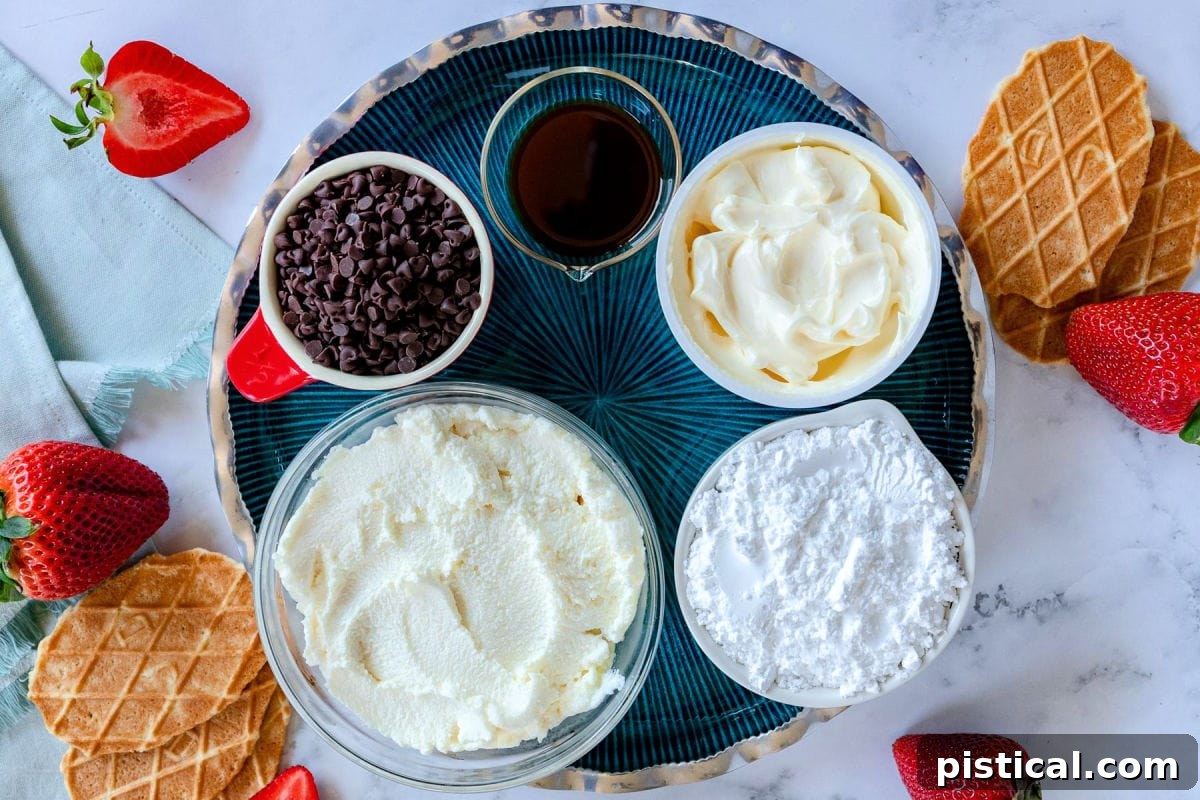 Decadent Cannoli Dip 4 All the essential Cannoli Dip ingredients meticulously measured out and presented in small, individual bowls, perfectly organized and ready for assembly, showcasing the freshness and quality of each component.