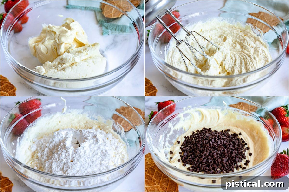 Decadent Cannoli Dip 5 A dynamic four-image collage illustrating the simple, step-by-step process of making Cannoli Dip in a large glass bowl, from the initial mixing of cheeses to the final incorporation of chocolate chips.