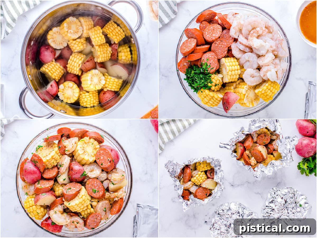 A four-image collage showing how to prepare shrimp foil packets for grilling or oven, from combining ingredients to sealing the foil.