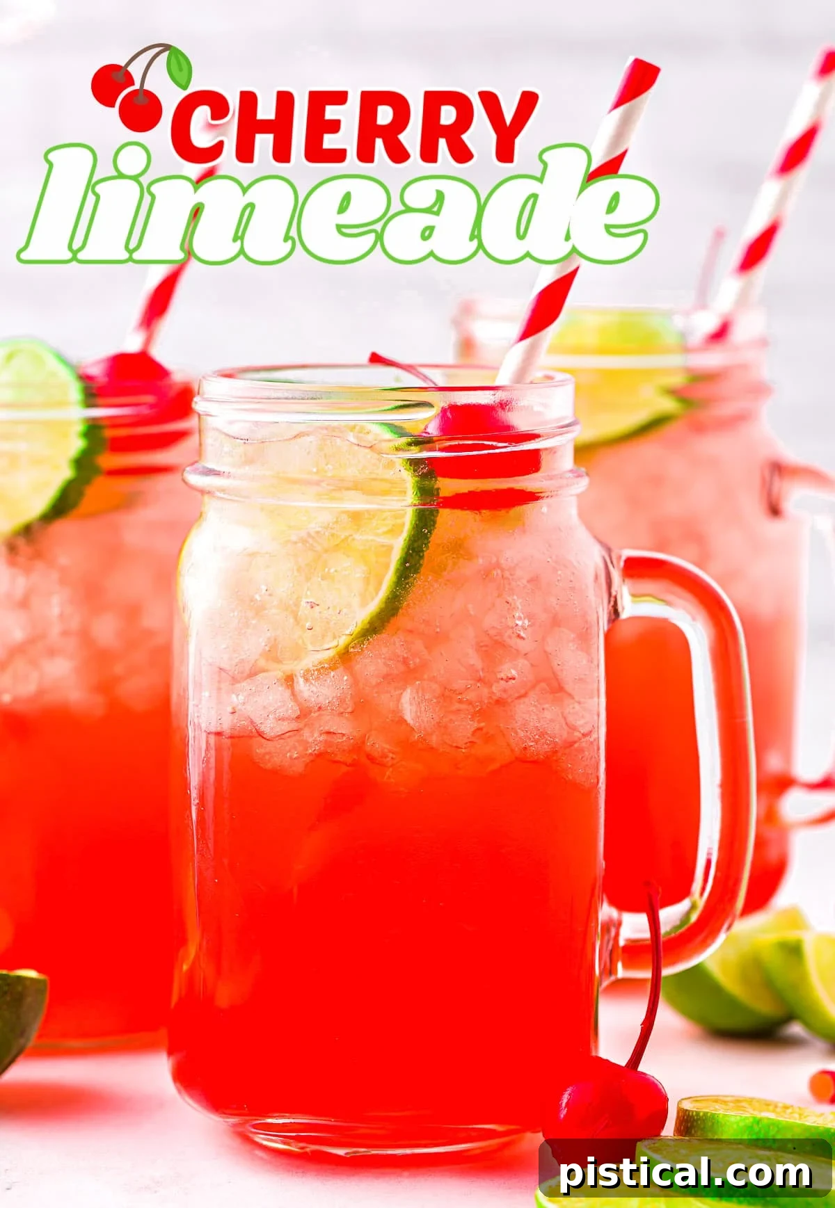 Three mason jar glasses filled with vibrant red cherry limeade, garnished with fresh lime slices and bright red maraschino cherries, with red and white striped paper straws for a festive touch.