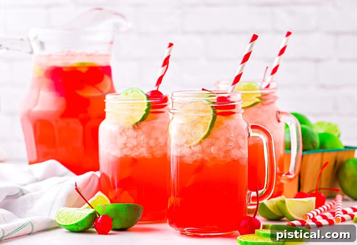 Three mason jars and a tall pitcher showcasing the beautiful, vibrant cherry limeade, generously garnished with fresh lime slices and bright red maraschino cherries for an inviting and festive presentation.