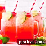 Three mason jars filled with cherry limeade, garnished with lime slices and maraschino cherries.