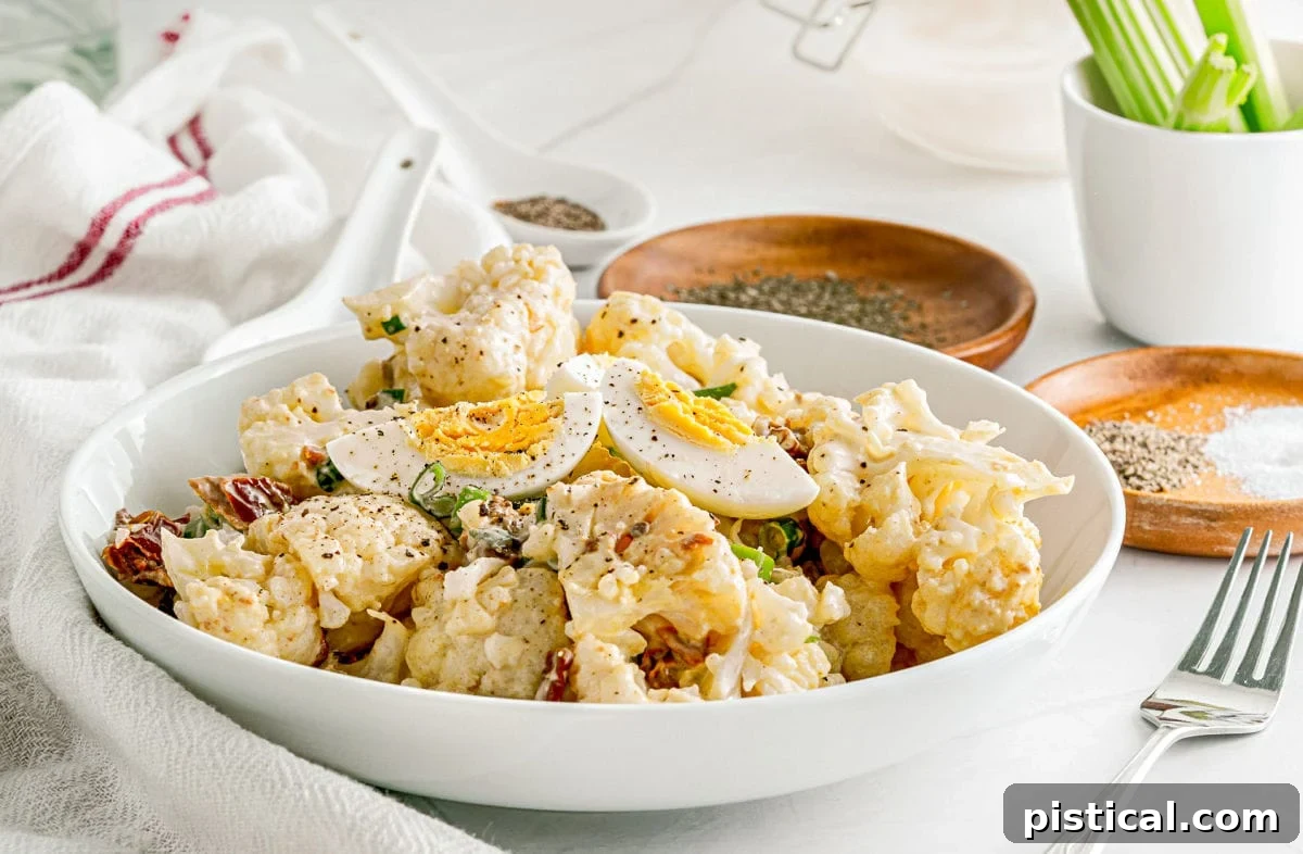 Close-up of cauliflower potato salad in a bowl, garnished with quartered hard-boiled eggs and a sprinkle of black pepper.