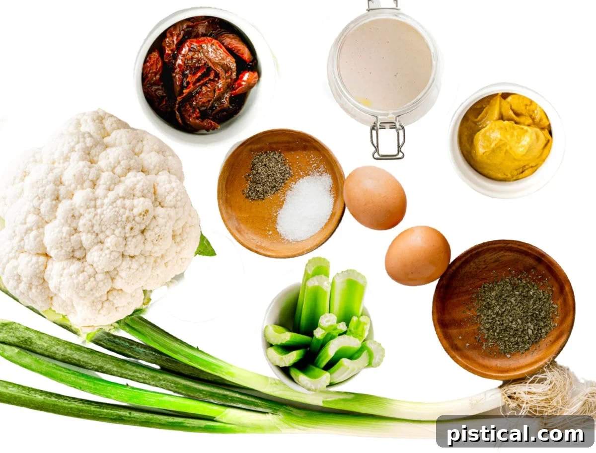 Ingredients for cauliflower salad laid out on a white surface, ready for preparation.
