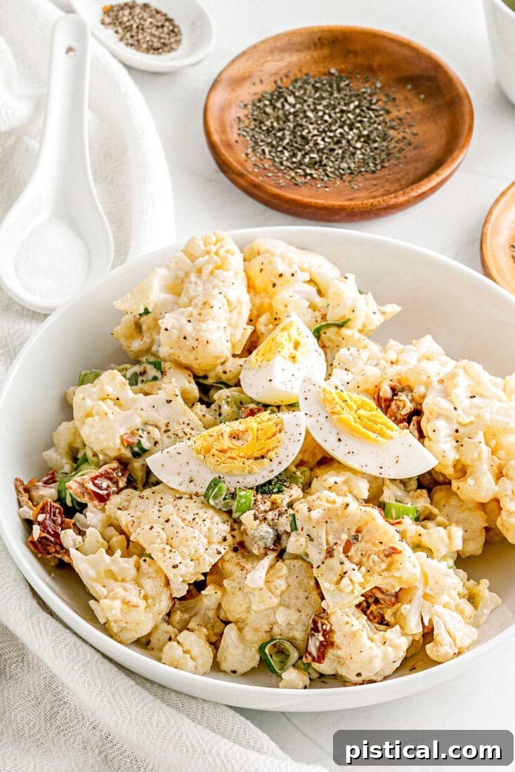 Cauliflower salad prepared like potato salad in a white serving bowl, ready to be enjoyed.