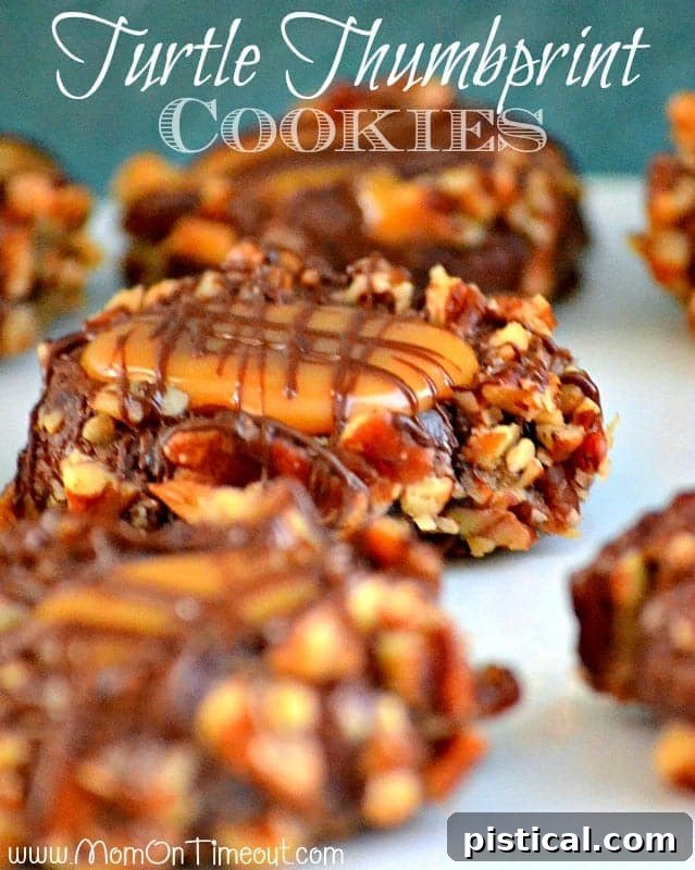 Gourmet Turtle Thumbprint Cookies: Chocolate, Caramel, Pecan Perfection Decadent Turtle Thumbprint Cookies with chocolate, caramel, and pecans, perfect for impressing guests during the holidays.