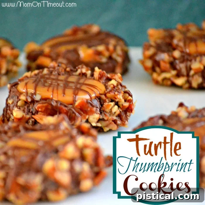 Homemade Turtle Thumbprint Cookies: Decadent Chocolate Caramel Pecan Delights A festive platter of Turtle Thumbprint Cookies, featuring chocolate, caramel, and pecans, ideal for holiday celebrations.