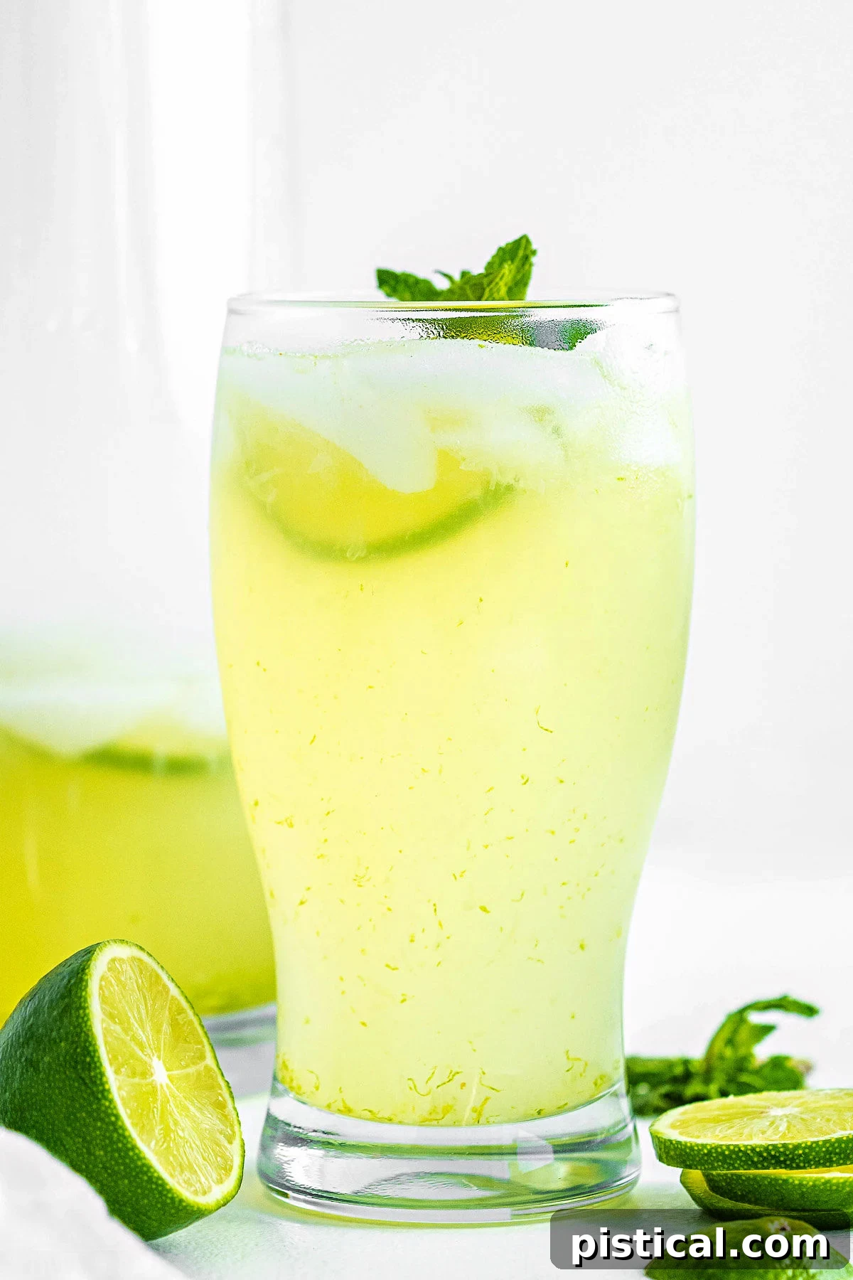 Quick and Refreshing Two Ingredient Limeade 2 tall glass of freshly made limeade garnished with a sprig of mint and fresh lime slices sitting in front of pitcher of limemade.