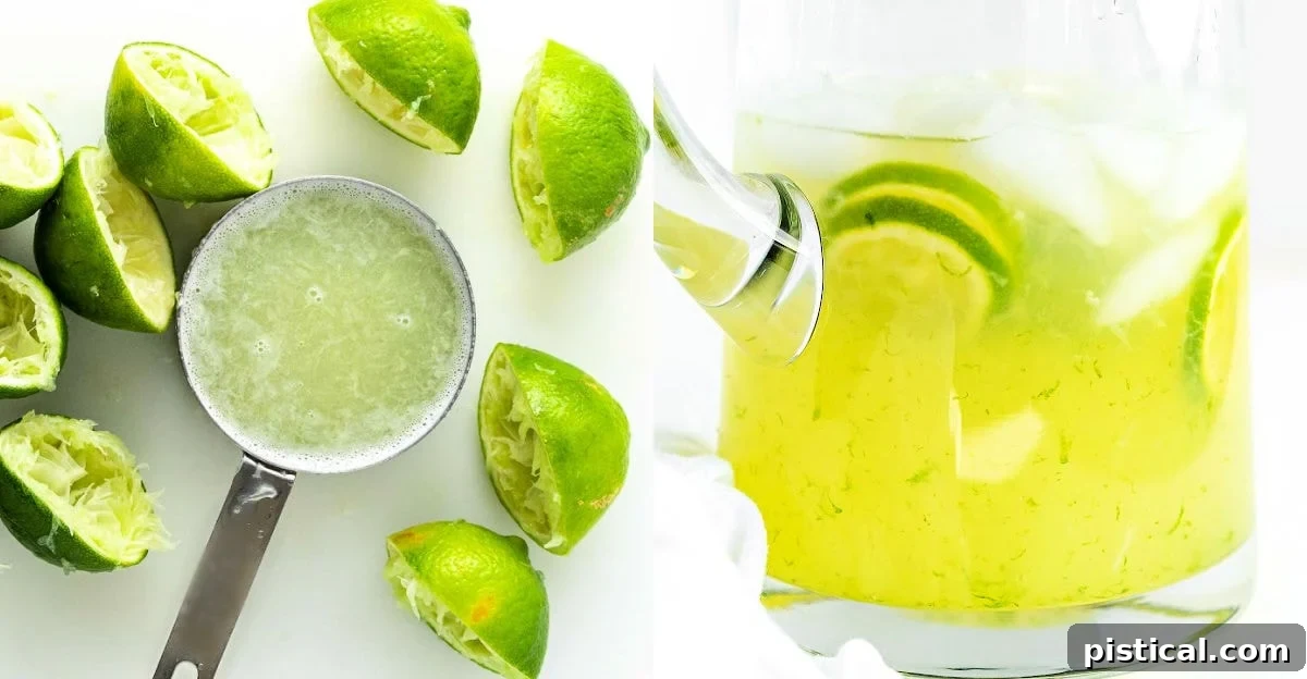 Quick and Refreshing Two Ingredient Limeade 4 two image collage showing juiced limes and a half filled pitcher.