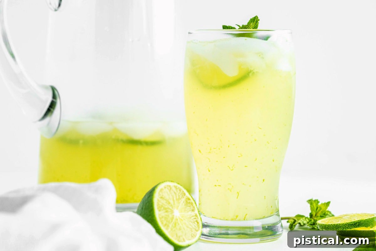 Quick and Refreshing Two Ingredient Limeade 5 wide look at glass of limeade sitting next to a half full glass pitcher with more limeade in it.