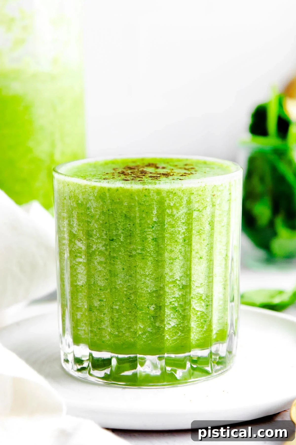 A front view of a small glass filled to the brim with a refreshing green smoothie, ready to drink.