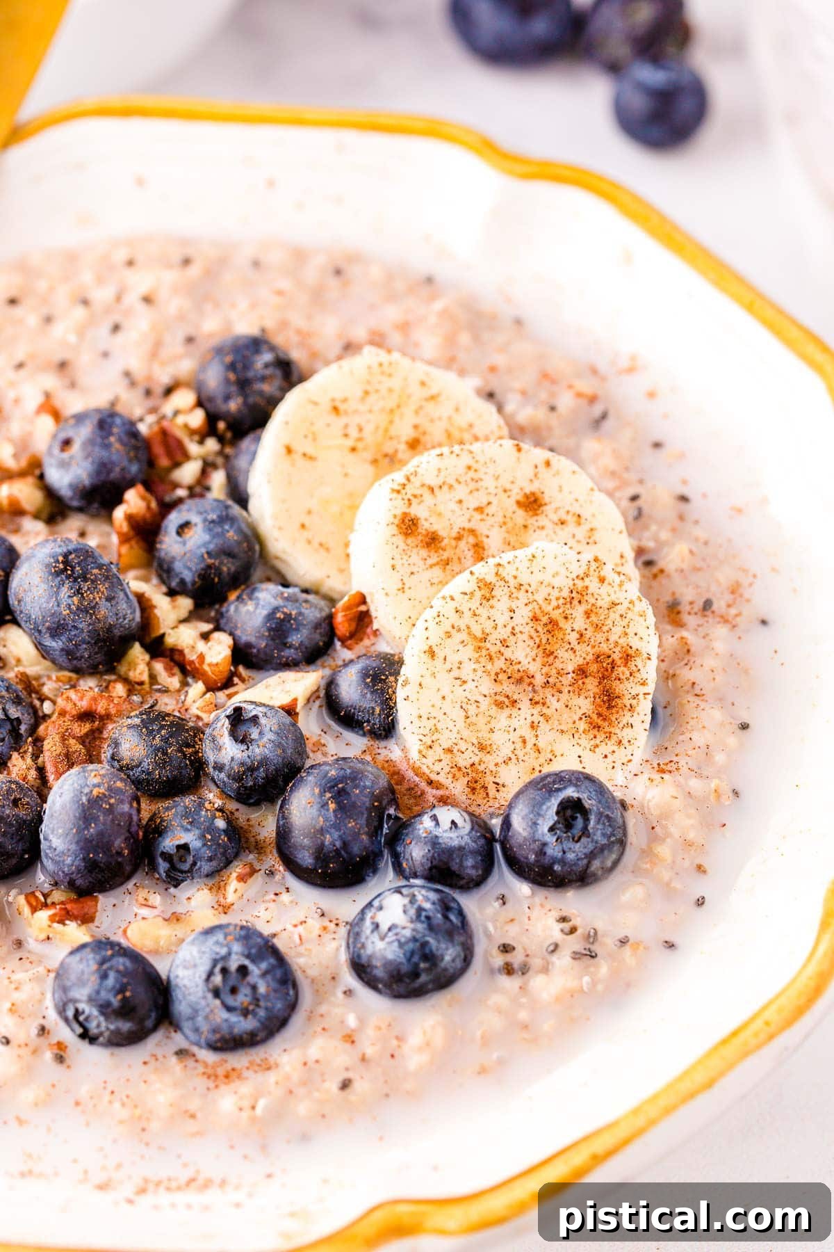 Close up look at steel cut oats in a bowl topped with blueberries, banana slices, and pecans. A perfect start to the day.