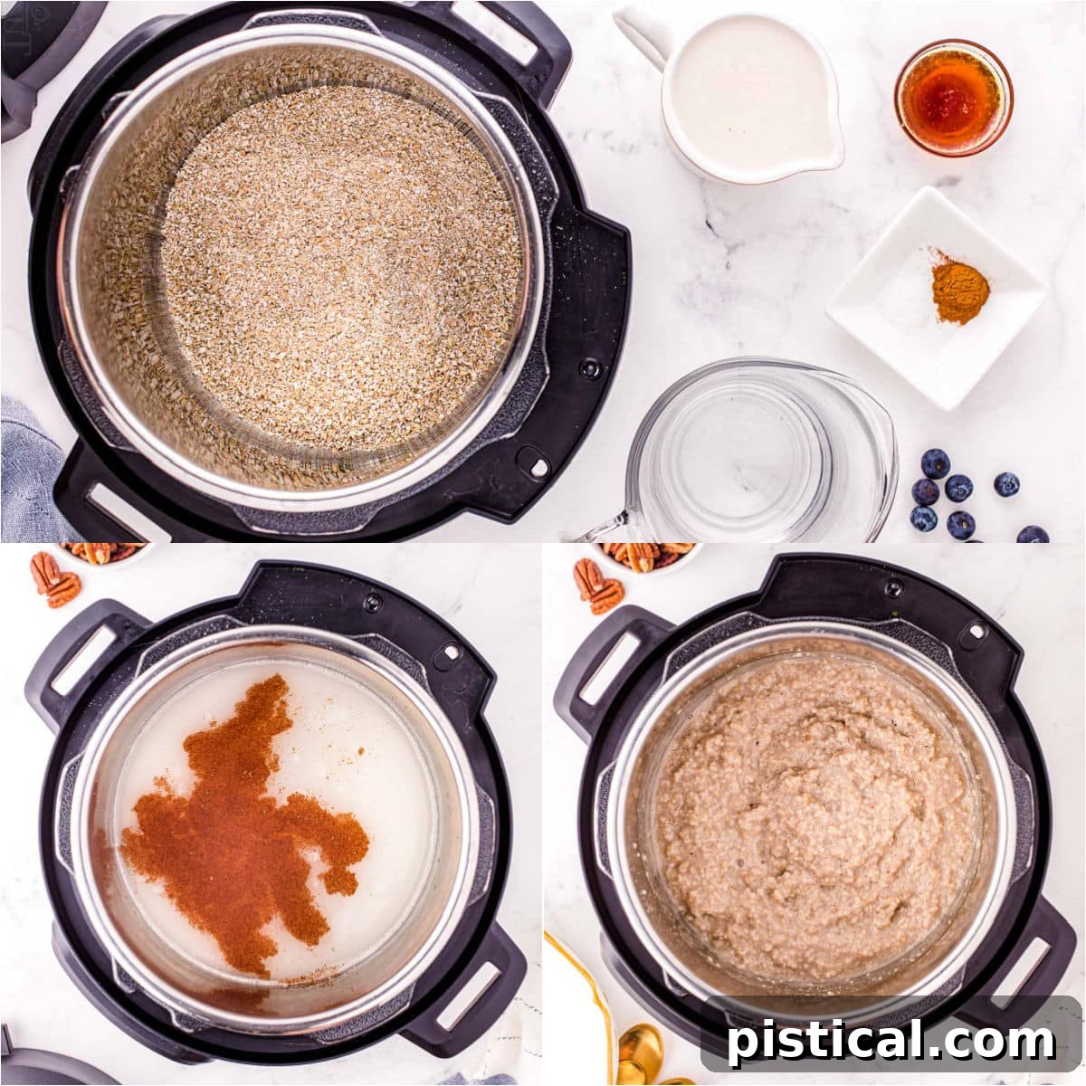 Three image collage showing how to make instant pot steel cut oats, from adding ingredients to the final creamy result.