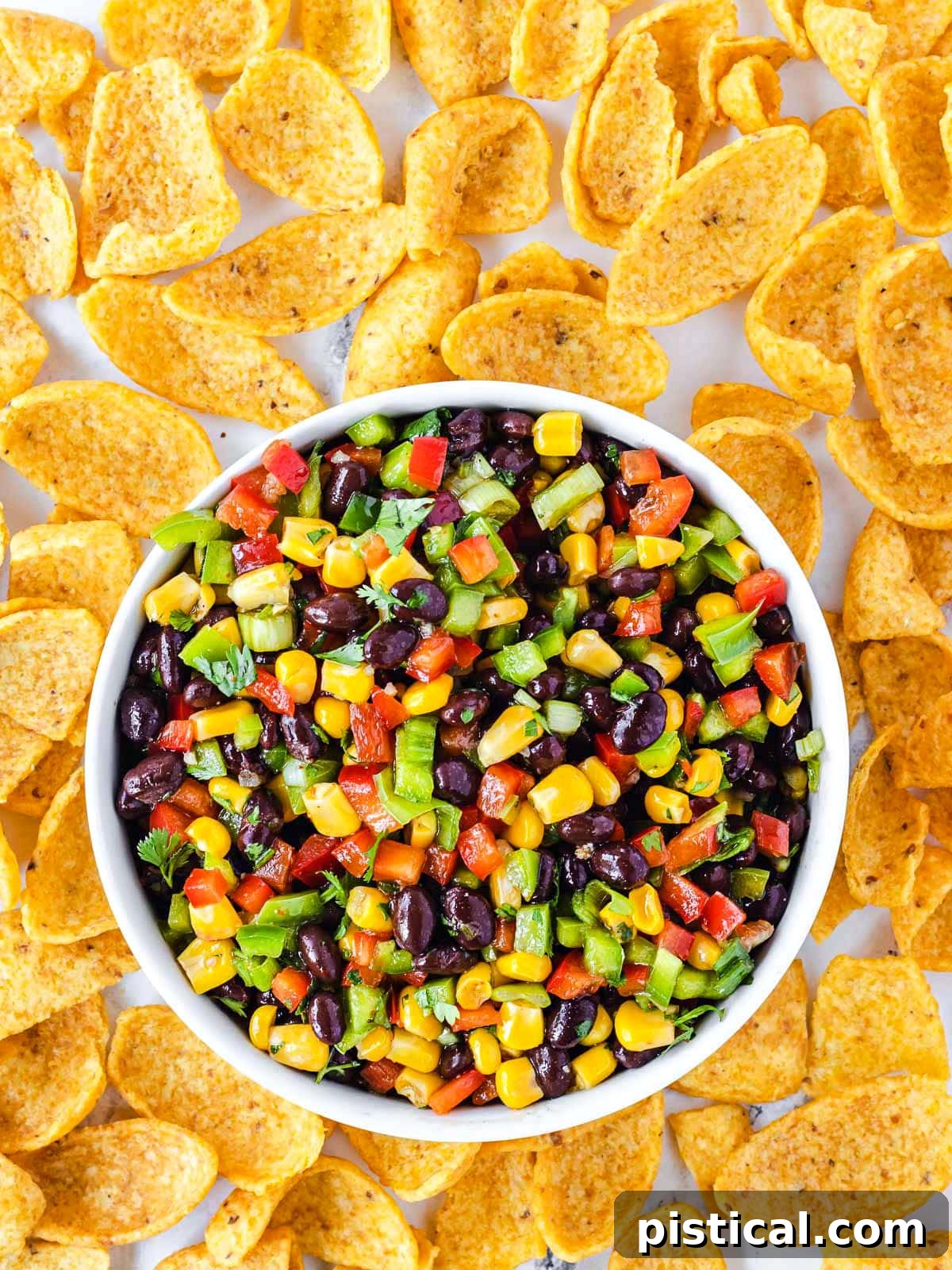 A small white serving bowl overflowing with vibrant black bean and corn salsa, artfully surrounded by large, perfectly golden tortilla chips, inviting immediate dipping. The focus is on the rich textures and colors of the salsa.