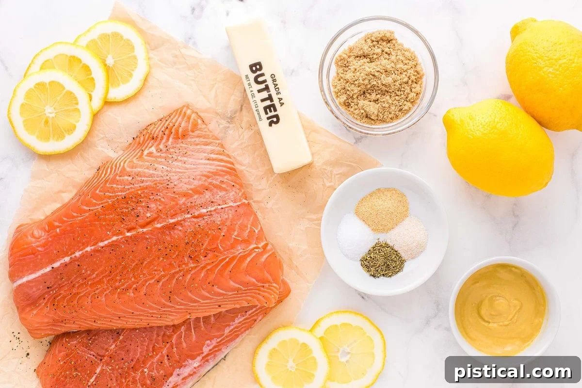 ingredients for baked salmon laid out and ready to use. 