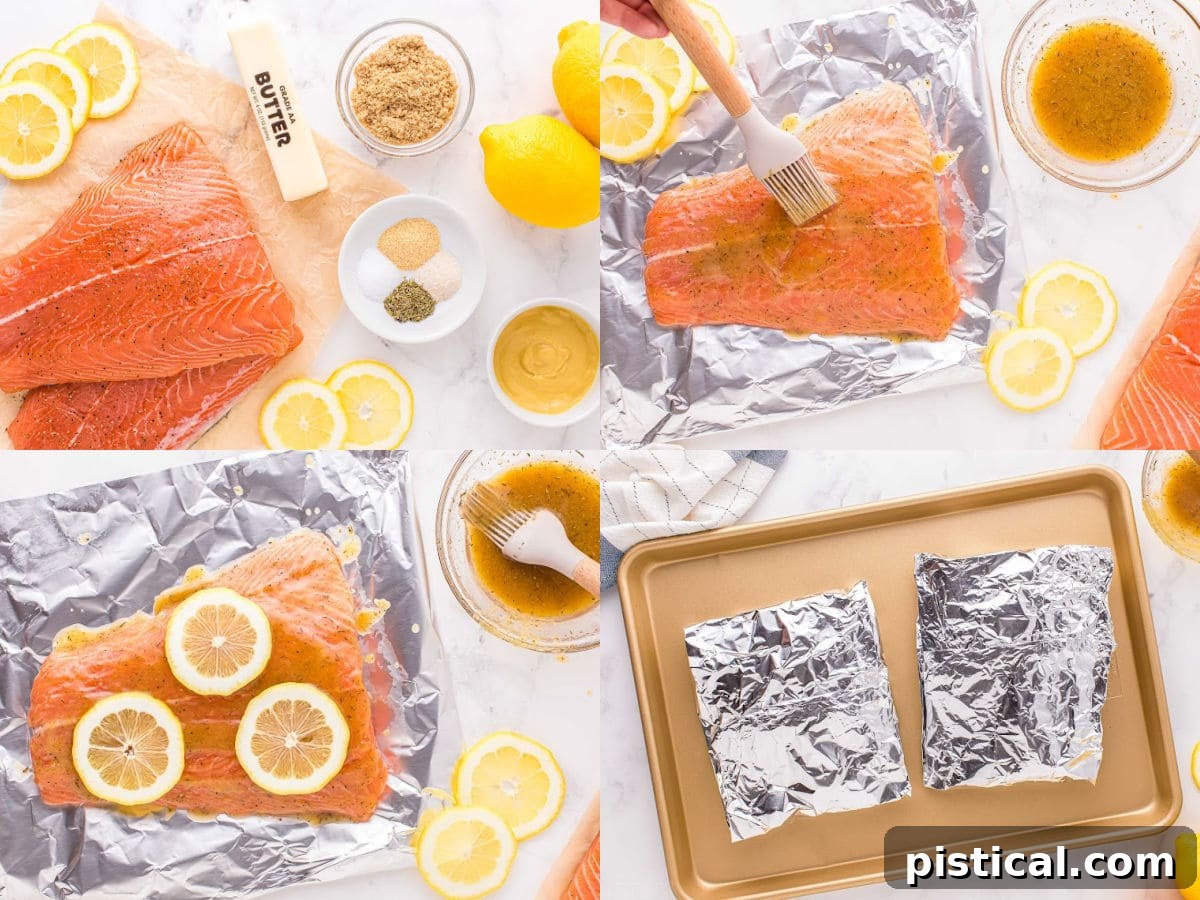 four image collage showing how to bake salmon in foil in the oven.