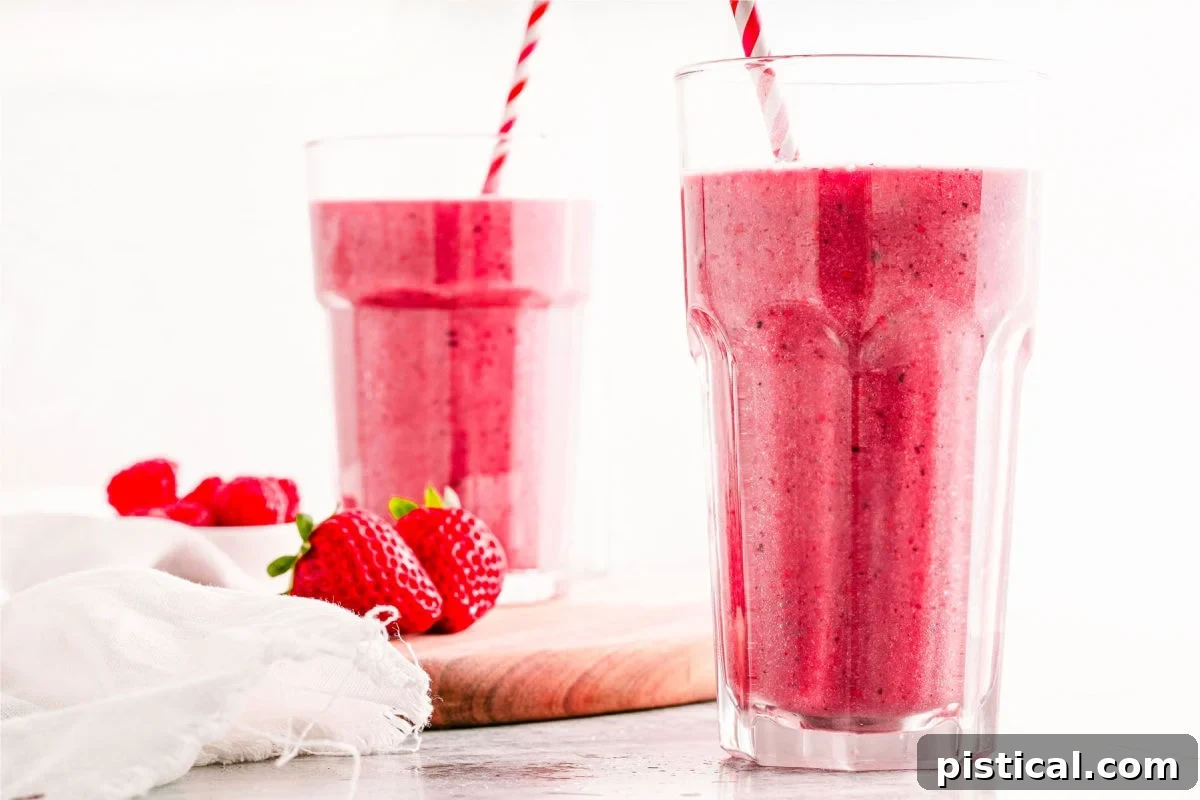 berry smoothie recipe in two tall clear glasses with paper straws. fresh strawberries and raspberries on a small wood cutting board next to the smoothies.