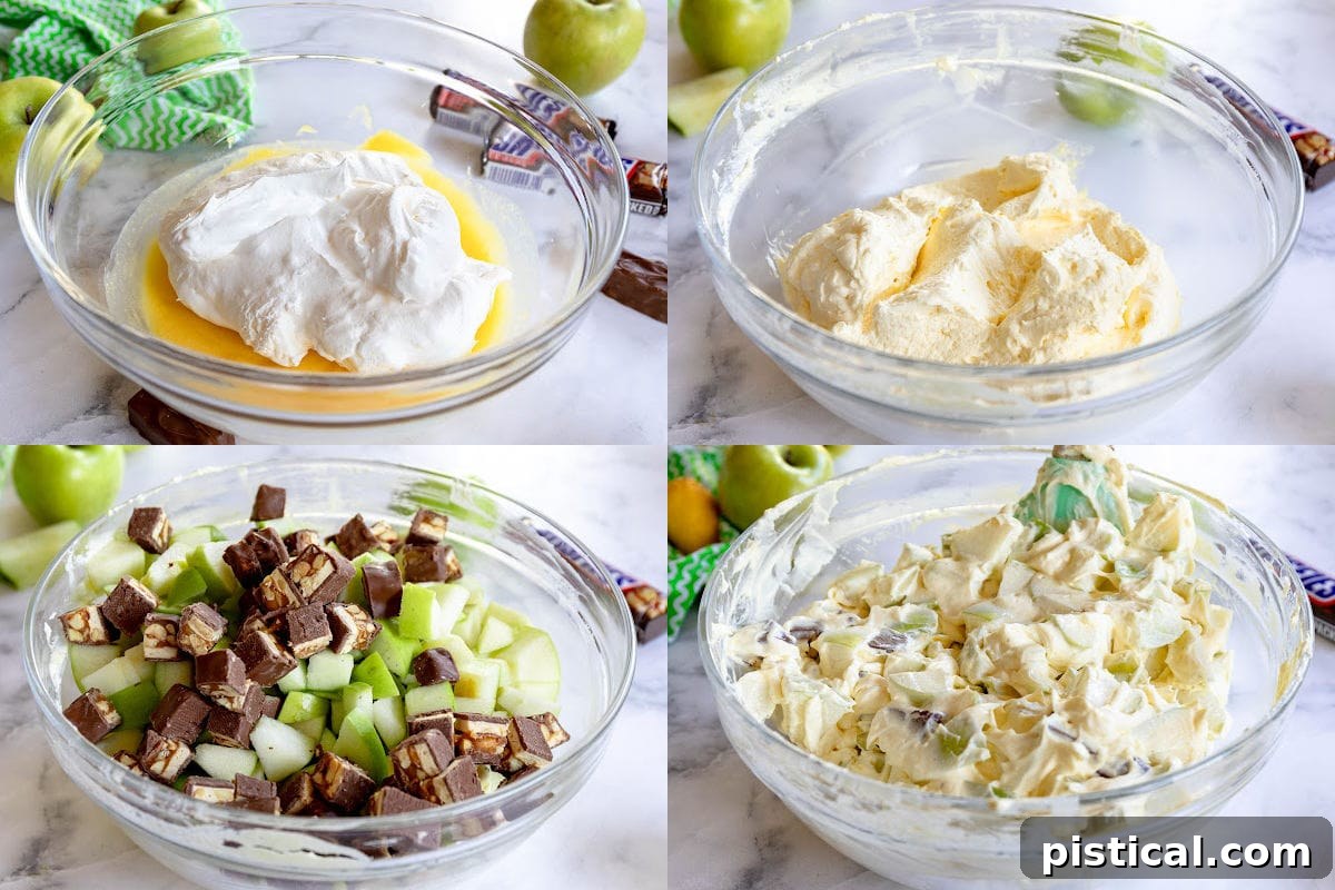 four image collage showing how to make candy salad.
