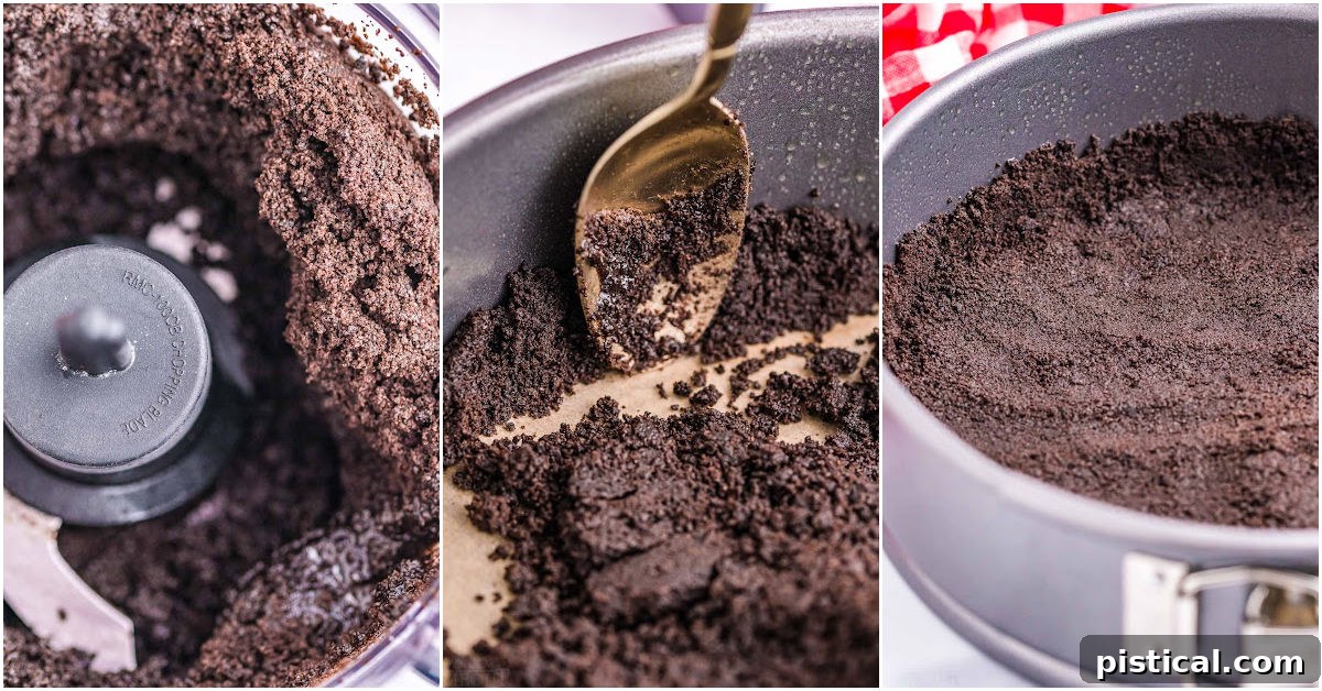 A visual three-image collage demonstrating the clear steps to create a perfect Oreo crust for a cheesecake, from crushing cookies to pressing it into the pan.