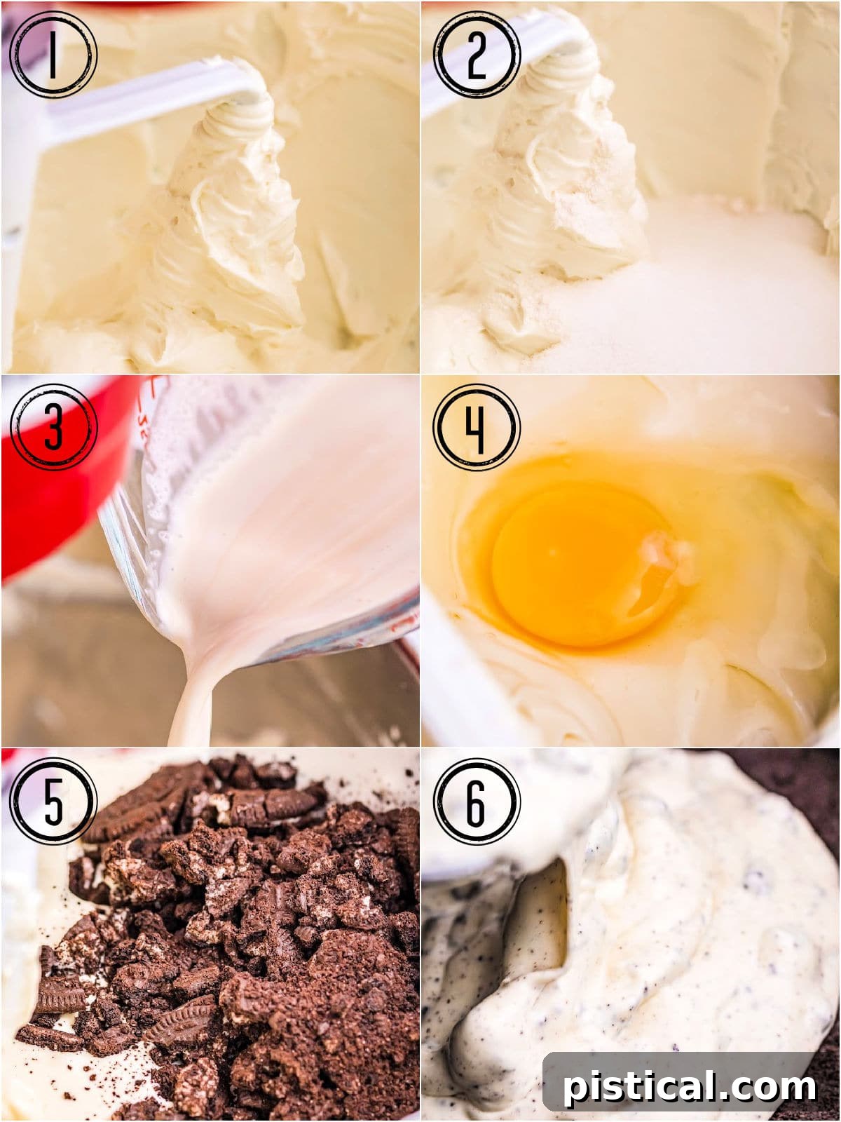 A six-image collage illustrating the comprehensive baking process for an Oreo cheesecake, from mixing the filling to the final cooling stage.