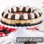 A whole Oreo cheesecake on a white metal cake stand, beautifully garnished with whipped cream and more Oreo cookies.