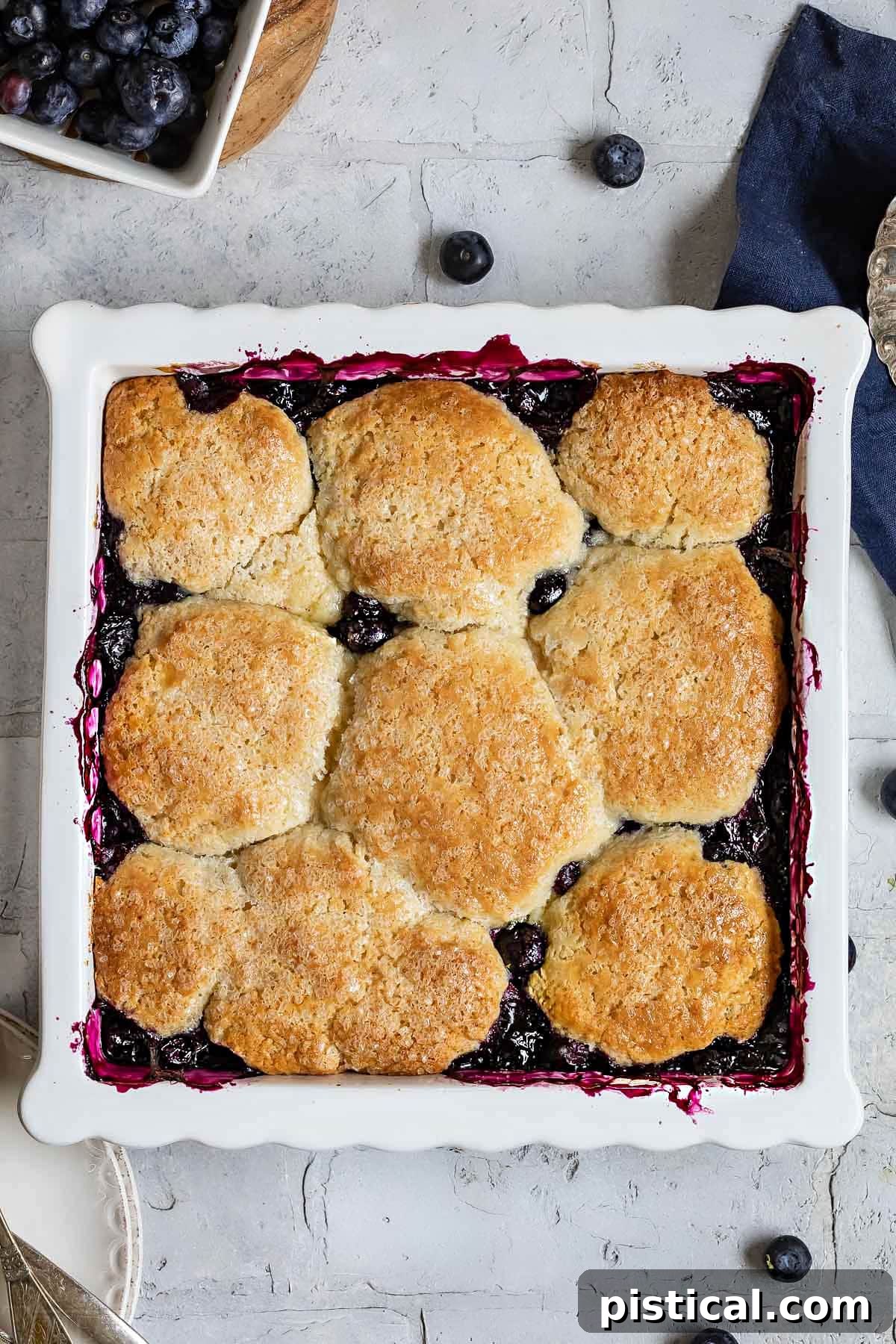 Sweet Summer Blueberry Delight 4 A whole blueberry cobbler in a white baking dish with scalloped edges, viewed from above, showcasing its inviting golden-brown topping.
