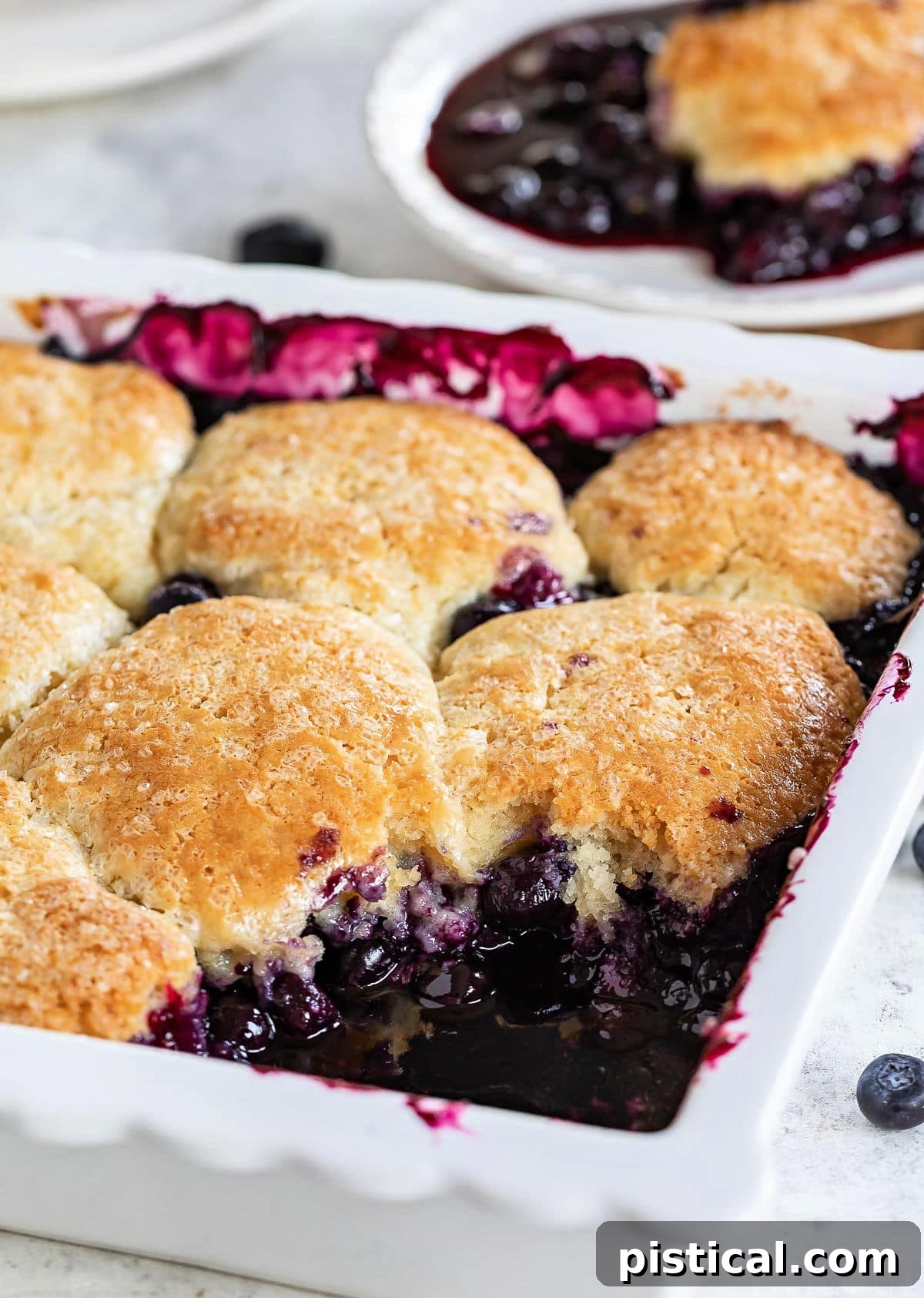 Sweet Summer Blueberry Delight 5 A white baking dish containing a freshly baked blueberry cobbler with a serving removed and placed on a small white plate in the background, ready to be enjoyed.