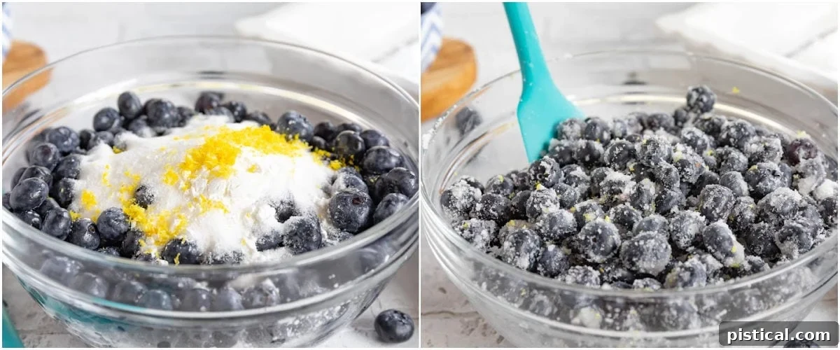 Sweet Summer Blueberry Delight 6 A two-image collage demonstrating the process of mixing blueberry cobbler filling ingredients in a clear glass bowl, showing the fresh berries and lemon zest.