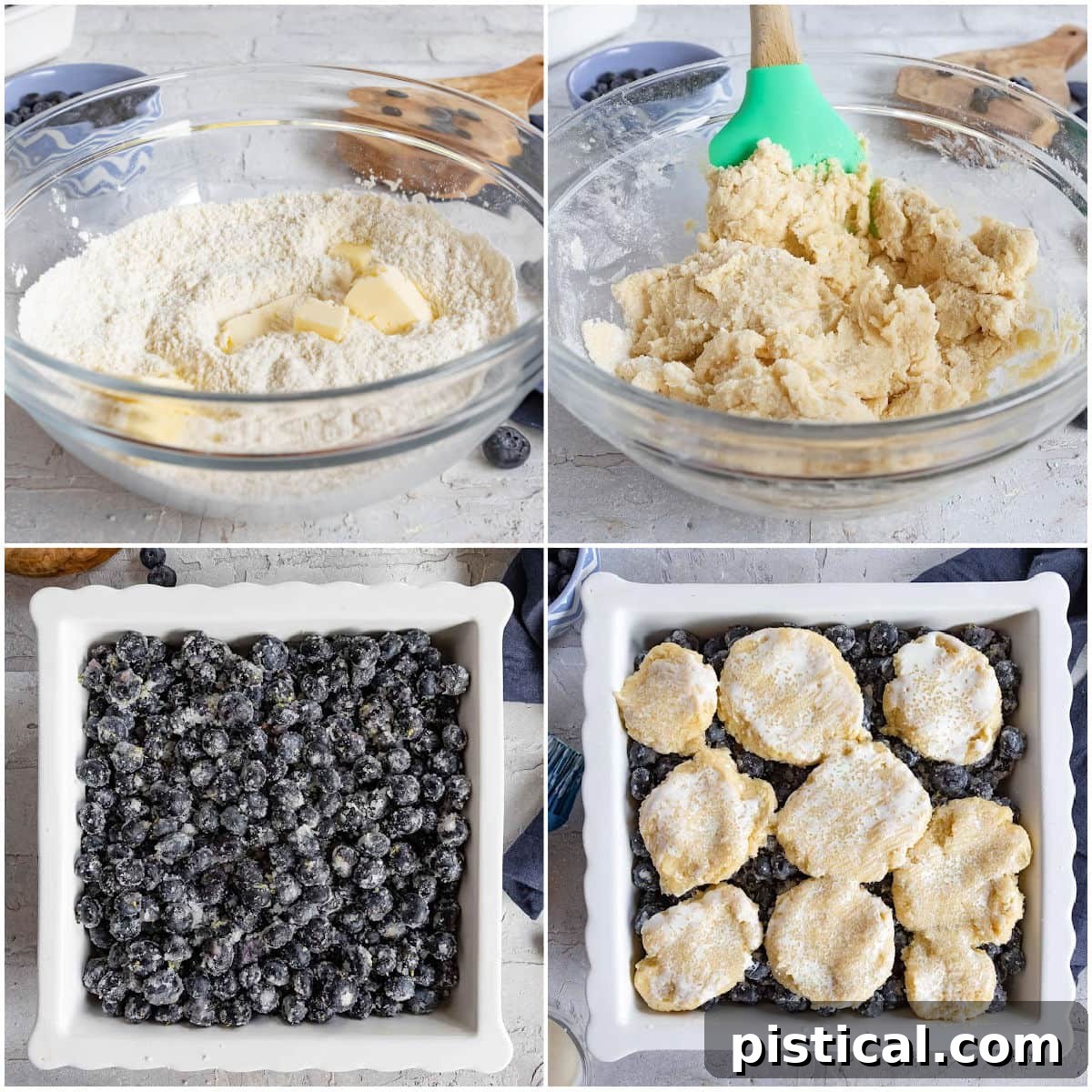 Sweet Summer Blueberry Delight 7 A four-image collage demonstrating the assembly process of blueberry cobbler, from mixing the filling to placing the biscuit topping and preparing it for baking.