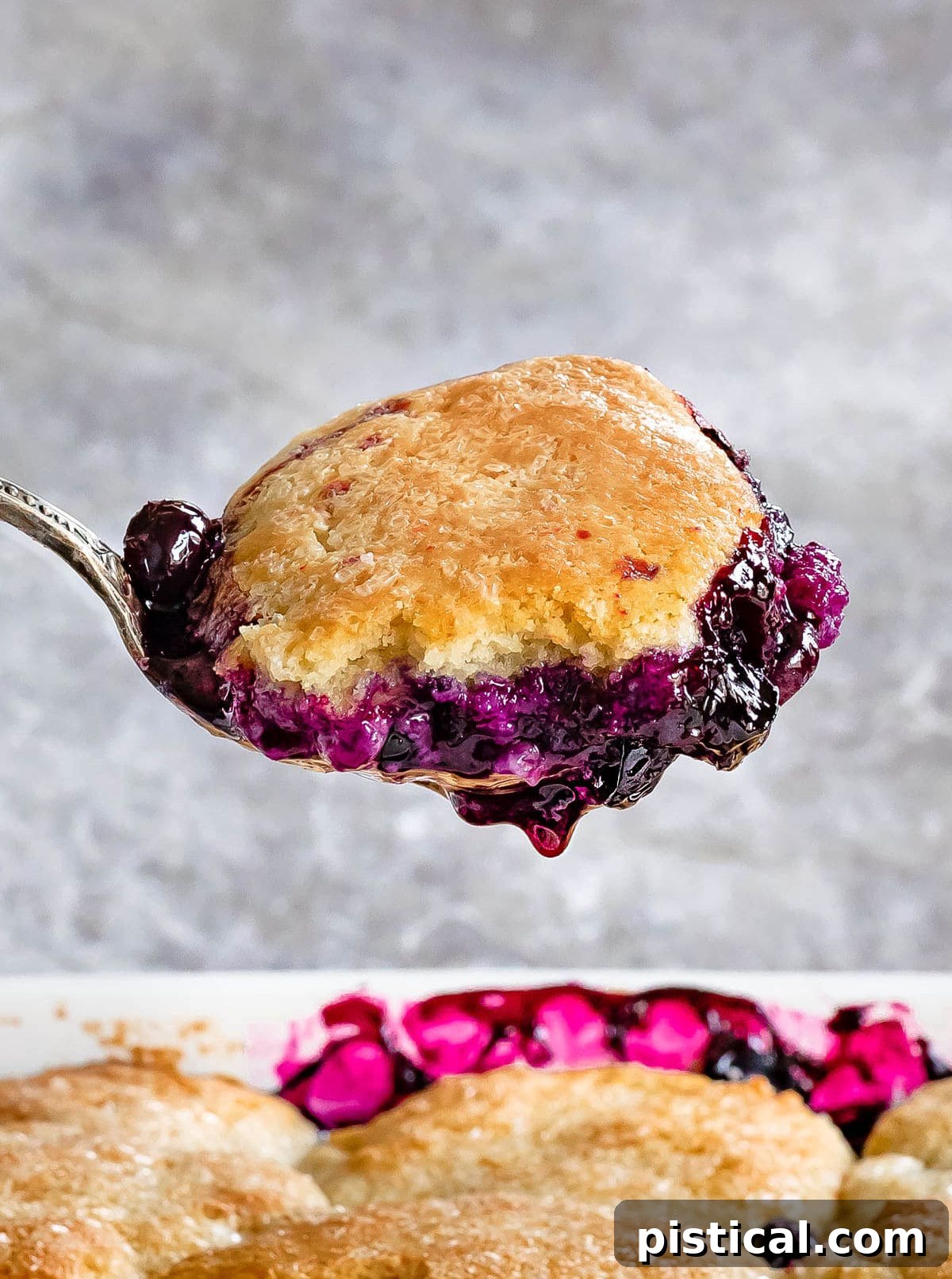 Sweet Summer Blueberry Delight 8 A close-up shot of a spoonful of blueberry cobbler being lifted from the baking dish, revealing the rich, purple filling and the tender, golden-brown biscuit topping.