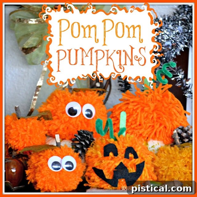 Make these Pom Pom Pumpkins with the kids this Halloween season! Super fun and SO easy too! | MomOnTimeout.com A collection of handmade pom pom pumpkins displayed creatively, adding a festive touch to Halloween decor. | MomOnTimeout.com