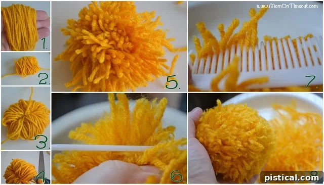 Cute Pom Pom Pumpkins: A Kids Halloween Craft 4 Comparison of a combed pom pom and an un-combed pom pom, showing different textures and fullness.