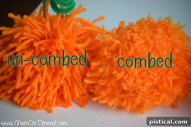Cute Pom Pom Pumpkins: A Kids Halloween Craft 5 Side-by-side comparison of a fluffy, combed pom pom and a shaggy, un-combed pom pom.