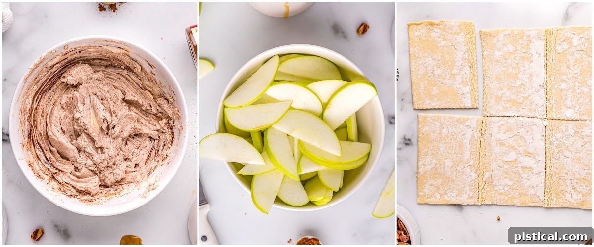 Sweet & Simple Caramel Apple Tart 5 three image collage showing how to prep each component of the apple tart recipe.