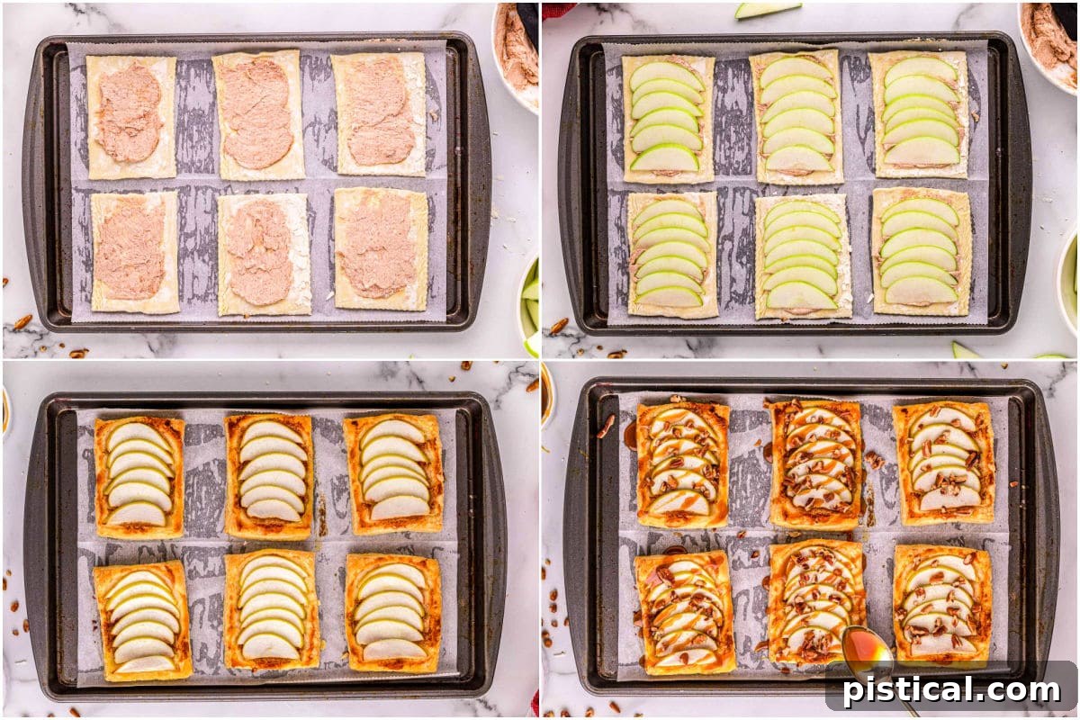 Sweet & Simple Caramel Apple Tart 6 4 image collage showing how to assemble individual apple tarts with caramel sauce.