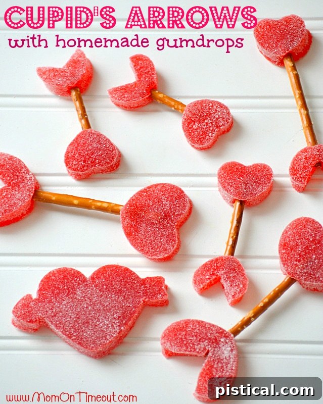 Adorable Cupid's Arrows made with vibrant gumdrops and pretzel sticks, perfect for Valentine's Day celebrations